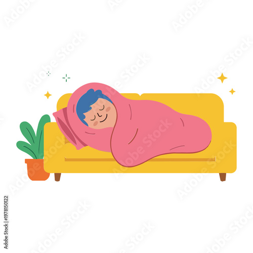A person sleeps peacefully on a yellow couch wrapped in pink blanket next to a green plant.