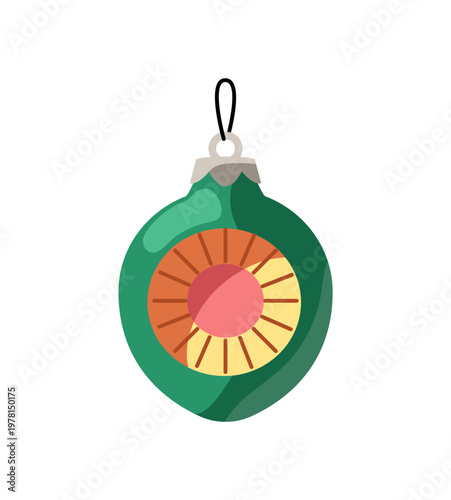 Vintage Christmas tree bauble. Retro Xmas ornament. New Year ball hanging with string. Winter holiday decor, festive decoration in Soviet style. Flat isolated vector illustration on white background
