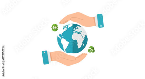 Conceptual vector illustration featuring hands gently cradling a vibrant blue Earth globe, adorned with delicate green eco-friendly flowers, all set against a clean, minimalist white