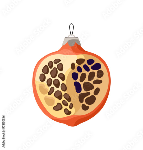 Christmas tree bauble with form of pomegranate half. Retro New Year ornament with shape of garnet fruit. Xmas decor, winter holiday decoration. Flat isolated vector illustration on white background