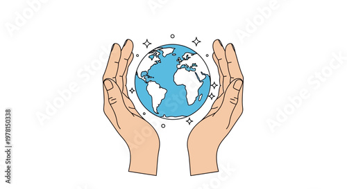 A vector illustration shows hands gently holding an earth globe with flower elements, symbolizing the human care concept and environmental stewardship against a clean white background