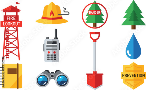 Fire Safety and Prevention Vector Icons Set with Fire Lookout, Helmet, Danger Sign, Shovel, and Prevention Symbols for Firefighting, Safety, and Emergency Response Designs