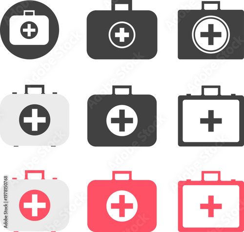 Vector set of first aid kit icons in minimalist styles for medical and healthcare industry design