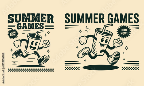 Vintage style summer games poster featuring a running soda cup character with retro typography and playful design elements