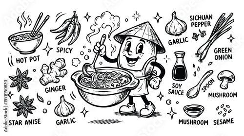 Cuadro en lienzo Vintage 1930s Retro Mascot Hot Pot Chinese Spicy Soup Illustration Set