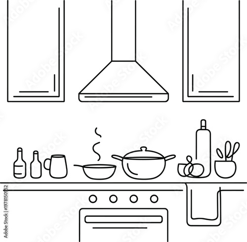 Line of a kitchen counter with stove and range hood