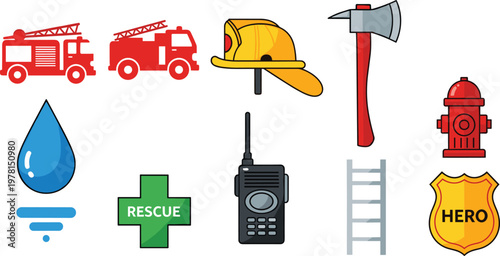 Firefighter and Rescue Vector Icons Set with Fire Truck, Helmet, Axe, Hydrant, Radio, Rescue Symbols for Emergency, Safety, and Heroic Service Designs