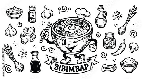 Vintage 1930s Retro Mascot Bibimbap Korean Rice Bowl Illustration Set