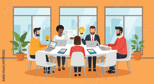 A diverse group of professional colleagues collaborates during a productive meeting at a round white table in a bright modern office setting.