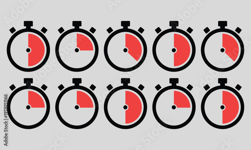 Nine circular timers displaying varying time intervals representing progress or countdown scenarios