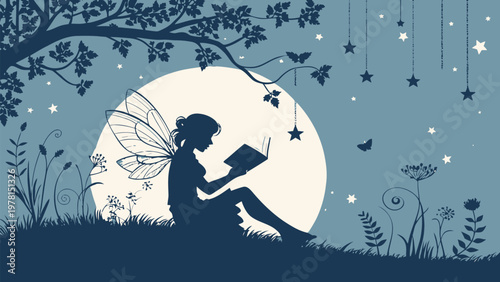 Fairy silhouette reading book under starry night sky with moonlight peaceful fantasy scene with magic atmosphere and dreamy landscape