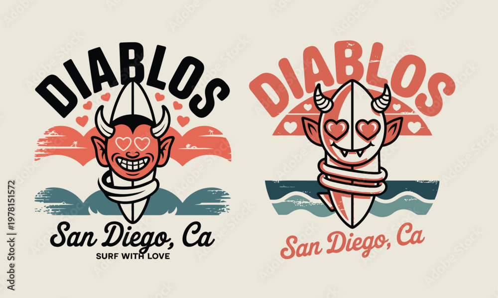 Αυτοκόλλητο Diablos san diego vintage baseball team logo design with devil mascot illustrati