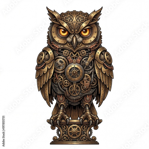 Wallpaper Mural Steampunk-style illustration of an owl with intricate mechanical details on a white background with warm golden tones. Torontodigital.ca