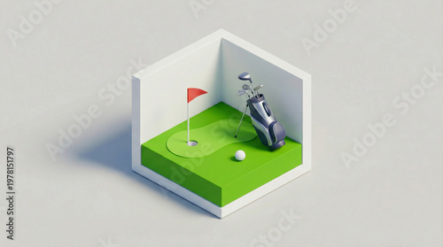 Minimalist isometric 3D render of golf bag on putting green