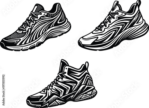 Stylized black and white vector illustrations of three modern athletic running shoes, showcasing dynamic designs and intricate details.