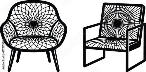 Two stylish, modern chairs showcasing intricate geometric patterns, expertly rendered in a detailed black and white vector illustration.