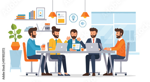 A professional group of bearded businessmen collaborates effectively during a productive meeting in a modern, well-lit office space.