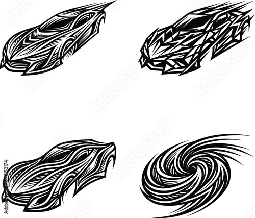 Abstract tribal car designs and vortex swirl graphic elements for modern high-resolution illustration projects.