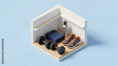 Minimalist isometric 3D render of gym and fitness gift for dad