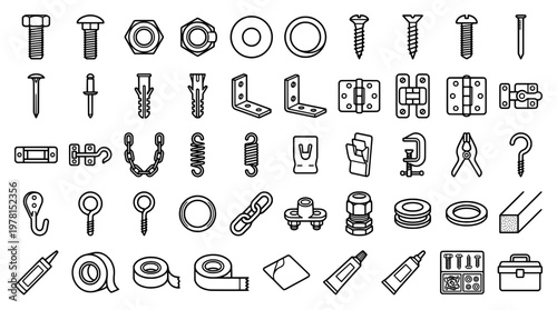 Hardware components and fasteners collection in outlined black and white