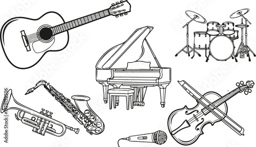 Musical instruments collection a sketch of acoustic and keyboard sounds