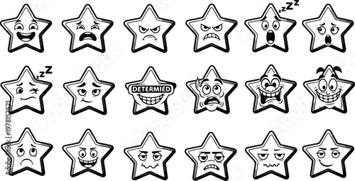Collection of black and white star shaped emoticons with various expressions