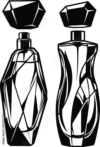 Elegant black and white vector illustration of two luxurious perfume bottles featuring intricate faceted designs and detached crystal caps.