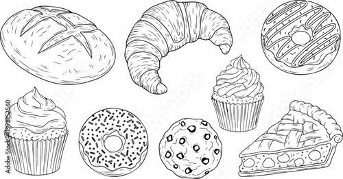 Sketch collection of delicious pastries and sweet treats in black and white