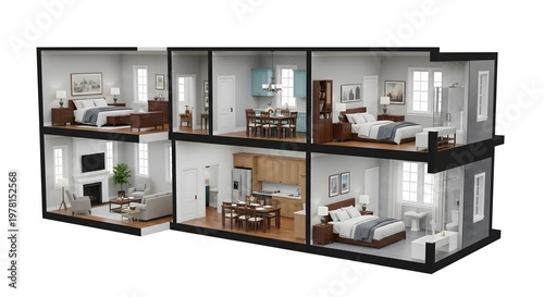 A cutaway view of a modern multi-story house with various rooms and interior spaces.