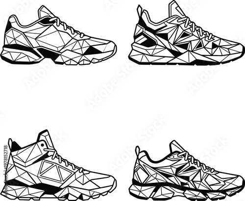 Detailed geometric polygonal athletic sneakers vector illustration set in monochrome low poly style.