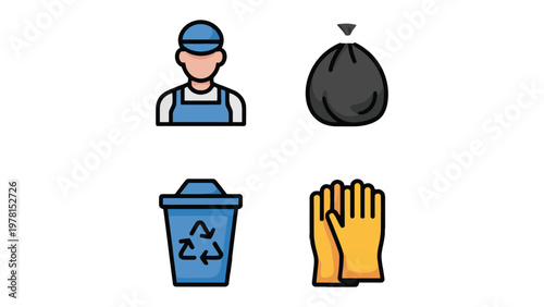 Waste Management Icons: An array of icons presents the tools and figures integral to effective waste management, including the worker, waste bag, waste bin and glove. 
