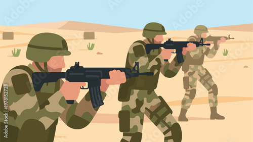 Illustration Of A Group Of Soldiers In Camouflage Uniforms Aiming Rifles On A Desert Battlefield Vector Design Template