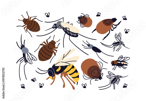 Pest insects set. Flying mosquito, fly, midge, flea, tick, bed bug and wasp. Different biting and bloodsucking species, parasites, bloodsuckers. Flat vector illustration isolated on white background