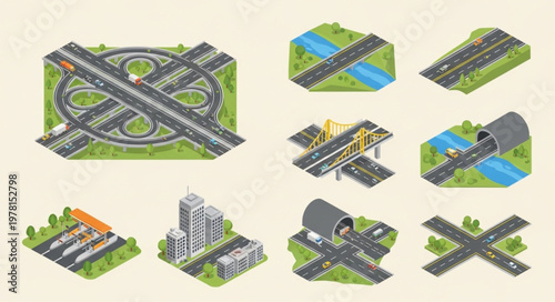 Collection of isometric road and city elements for urban planning.