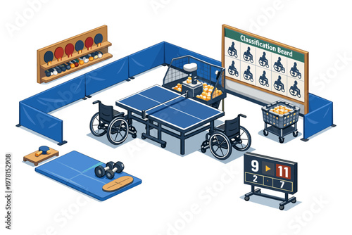 Accessible table tennis setup with wheelchairs and training equipment