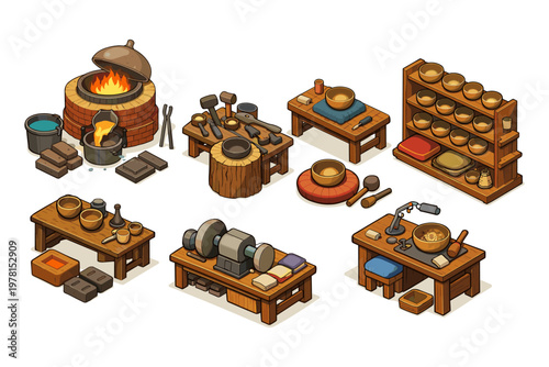 Artisan workshop scene with tools and equipment for crafting metal bowls