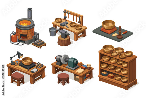 Tibetan singing bowl crafting workshop with tools and materials