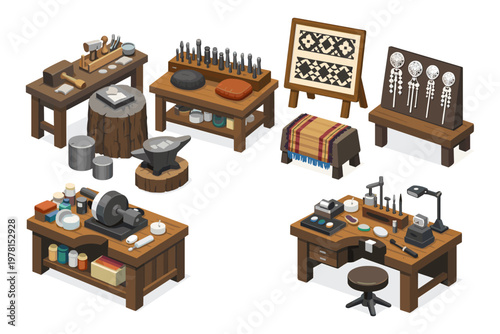Artisan workshops with tools and materials for crafting jewelry and textiles