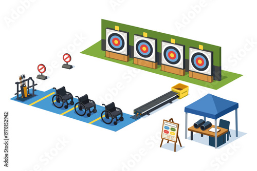 Accessible archery range with targets, wheelchairs, and equipment for adaptive sports