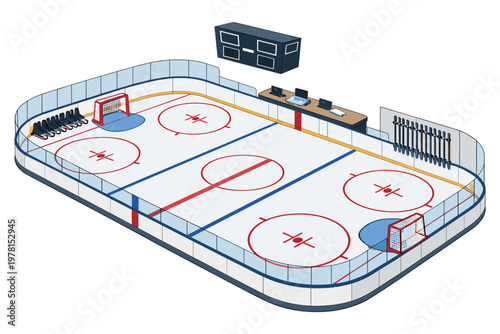Isometric view of a clean and empty ice hockey rink with markings and equipment