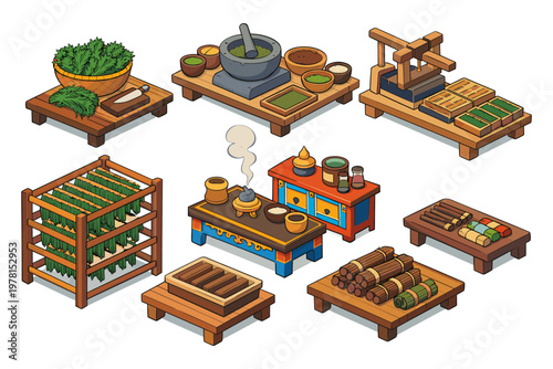 Traditional herbal processing and preparation tools and ingredients displayed