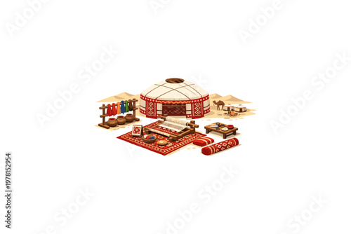 Nomadic dwelling and desert life scene with traditional crafts and camel caravan