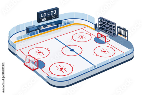 Isometric view of a clean and empty hockey rink with scoreboard and equipment