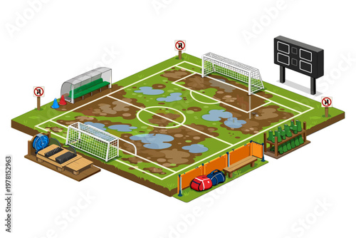 Muddy soccer field with puddles and equipment, ready for a challenging match