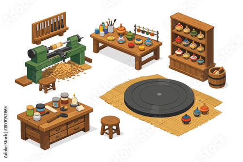 Isometric workshop scene depicting the creation and display of colorful spinning tops