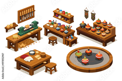 Artisan workshop scene with woodworking tools and colorful spinning tops