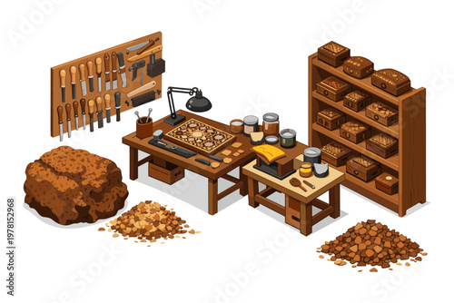 Artisan's workshop with tools, materials, and decorative boxes on shelves