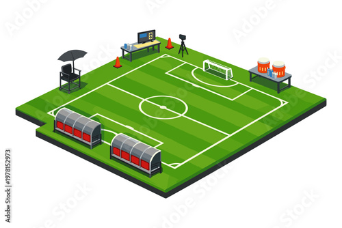 Isometric view of a soccer field setup with benches, referee chair, and broadcast equipment