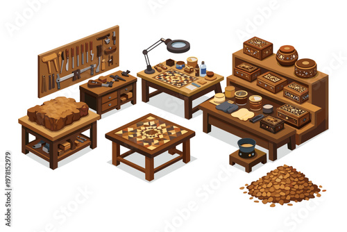 Artisan's workshop with intricate wooden boxes and tools for marquetry