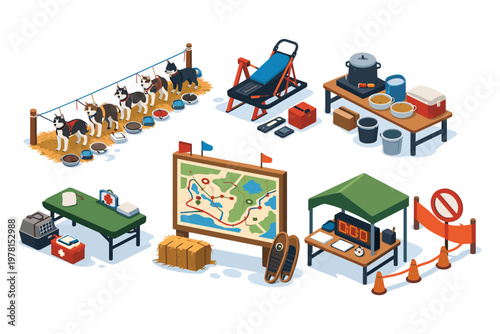 Isometric illustration of a dog sledding race setup with equipment and supplies